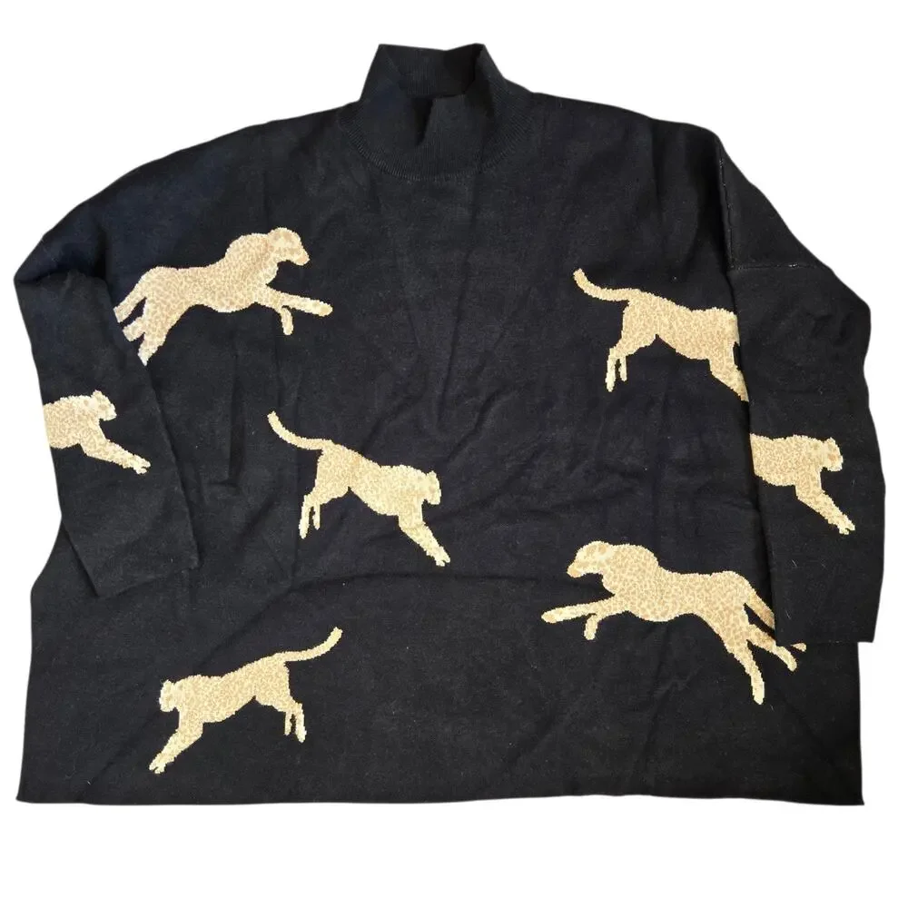 Entro Oversized Cheetah Sweater Black Mock Neck Novelty Animals Women Small